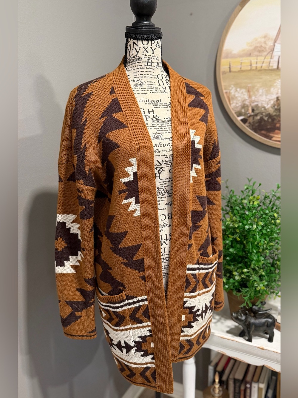 Lucky Brand Two-Tone Knit Open Cardigan in Brown & Cream Western Aztec Boho